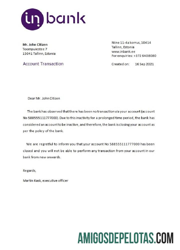 Referência de fechamento do Inbank da Estônia exemplo